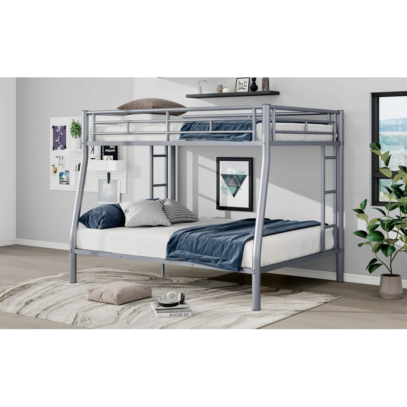Mattek Twin XL Over Queen Metal Bunk Bed With Ladder And Guardrails, Full XL, Silver