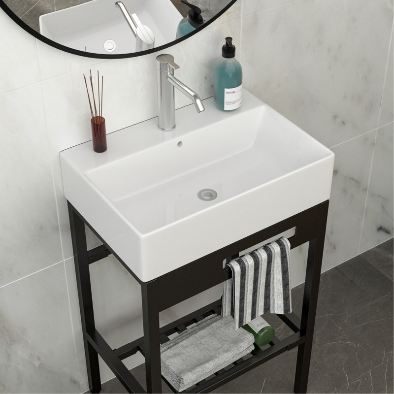 Bathroom Ceramic Console Sink with Overflow & Black Legs