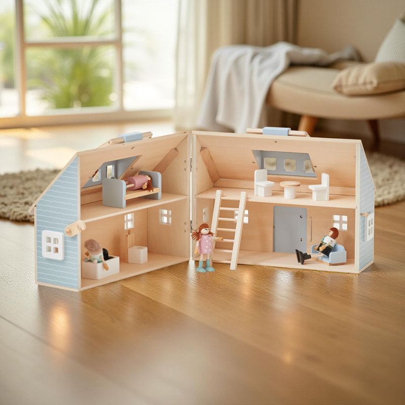 Teamson Kids Wooden Fold-Out Portable Wooden Dollhouse Cottage for 3.5" Dolls with Accessories