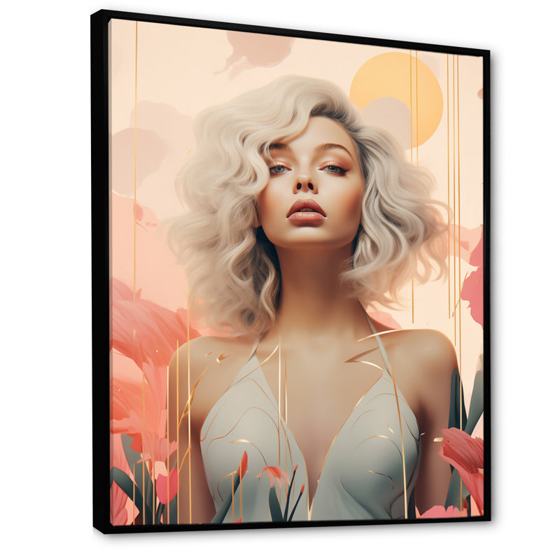 «Sensual Grace Art Nouveau Woman» rose et beige - impression, 40" H x 30" W, Cadre flottant noir