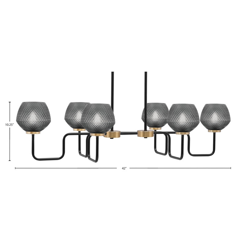 Luminaire îlot 6 lumières Amarmula, noir mat et laiton vieilli, verre texturé fumé 6 po, Transparent/noir, Noir/laiton