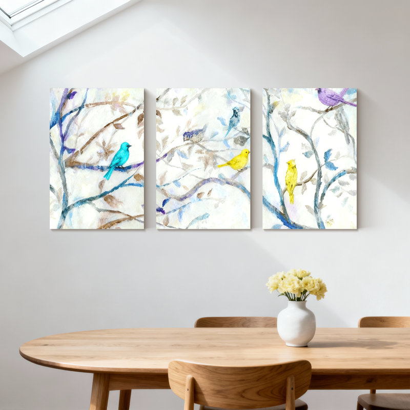 «Birds Colorful Birds On Branches», ensemble de 3 impressions sur toile, H 24 po x l 48 po