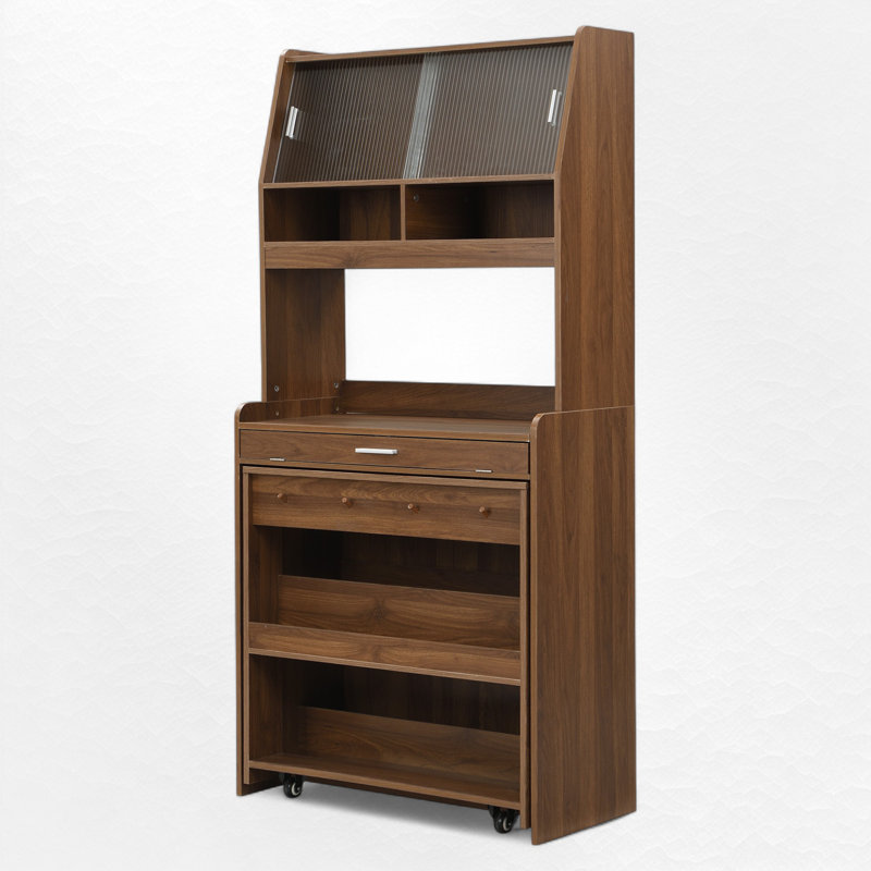 Kitchen Pantry With Foldable Dining Table, Walnut
