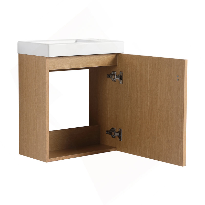 Meuble-lavabo mural 18,5 po avec lavabo en résine, porte simple à fermeture douce, panneau de fibres à densité moyenne, bois naturel (KD-Packing)