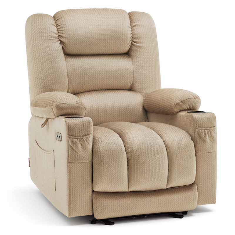 Color Electric Power Recliner Chair with Heat and Massage, USB Ports, Cup Holders, Beige Polyester Blend