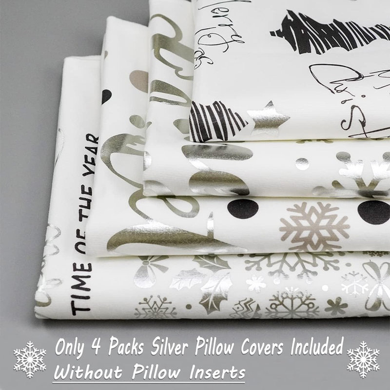 Coussins décoratifs de Noël en argent et blanc 18 x 18, ensemble de 4, décorations de Noël en forme de flocon de neige, arbre de Noël Let It Snow, coussins décoratifs pour canapé