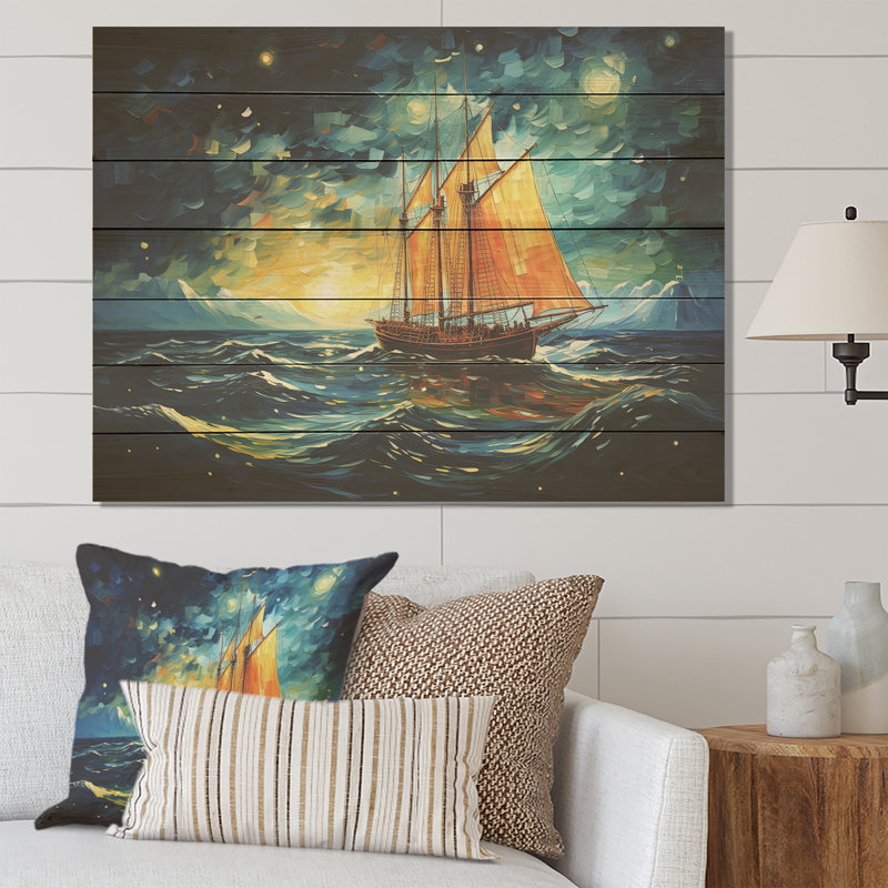 «Moonlight Saiboat Horizon III» - Bateau à voile sur bois, H 10 po x l 20 po
