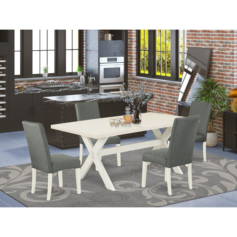 5 Piece Dining Table Set for 4 Includes a Rectangle Kitchen Table with X-Legs and 4 Gray Linen Fabric Parsons Dining Chairs, linen white