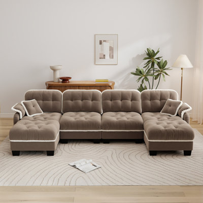 Canapé modulaire en chenille de 6 pièces avec assise profonde et garniture capitonnée à garniture de pompons pour le salon