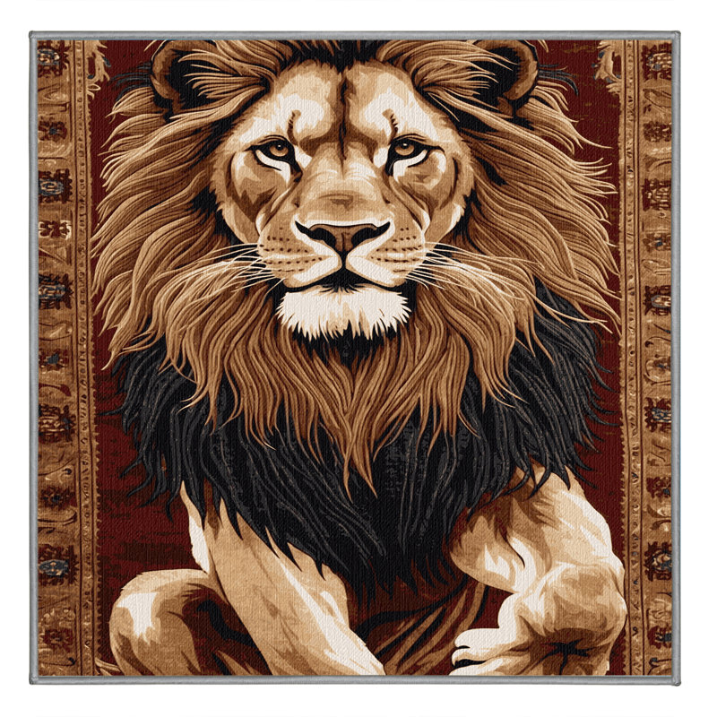 Washable Asiatic Lion Big Cats Area Rug, Square 6'
