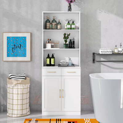 Tall Storage Cabinet, Wood Bookcase Cabinet With 2 Door, 2 Drawers And 3 Open Shelves, For Office, Living Room, Bathroom