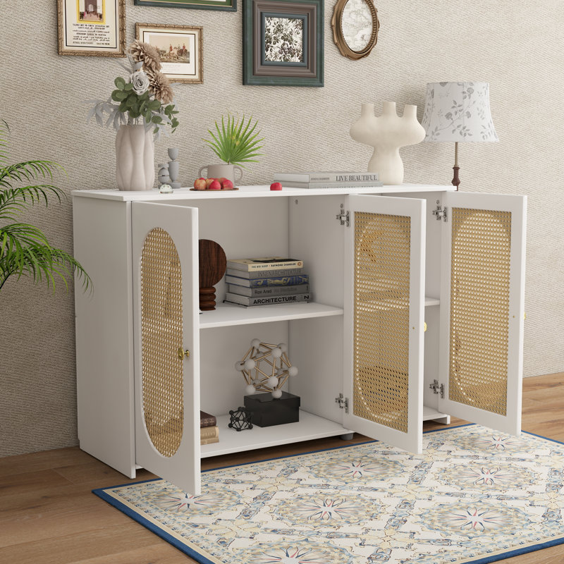 Retro 3-Door Sideboard With Large Storage Space Artificial Rattan Doors And Metal Handles, White