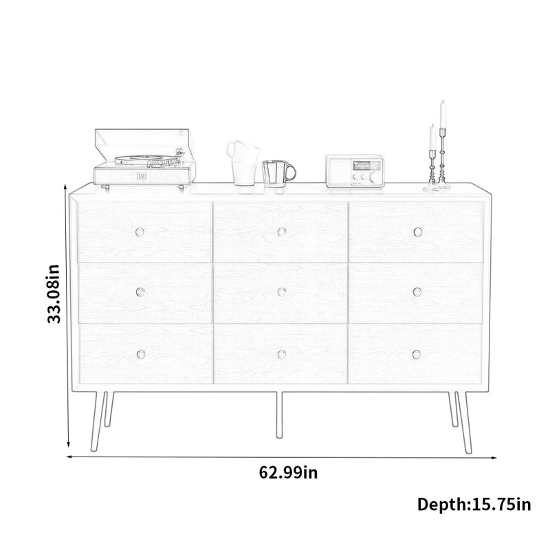 Nordic Retro Nine-Drawer Chest of Drawers, 33.08" H x 62.99" W x 15.75" D