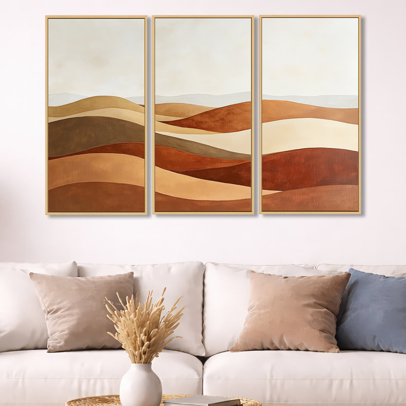 Warm Desert Dunes - Art mural encadré à 3 paysages, H 32 po x l 48 po, Cadre naturel flottant
