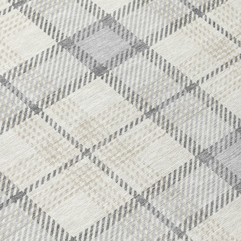 Silver Rectangular Washable Synthetic Plaid Area Rug 46" x 30"