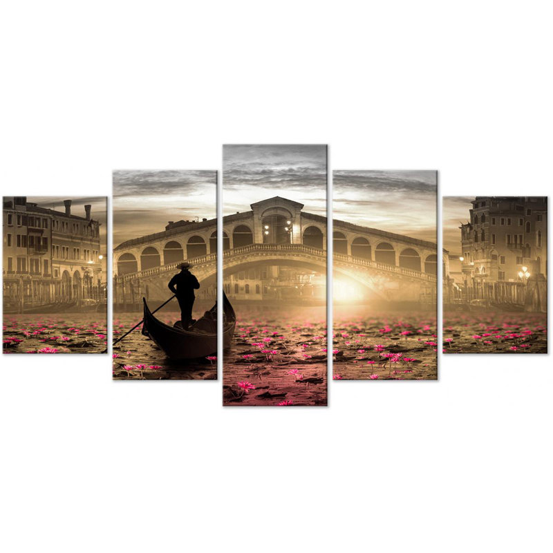 Magic Venice - 5 Piece Print on Canvas, Orange/Grey, 100cm H x 200cm W