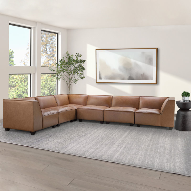 Canapé modulaire Aviezri, Cuir véritable brun clair / similicuir