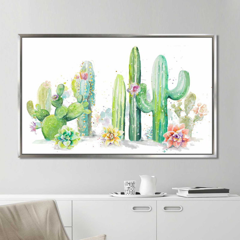 Jardin de cactus - reproduction sur toile, Cadre flottant argent, H 27,5 po x l 43,5 po x P 2 po