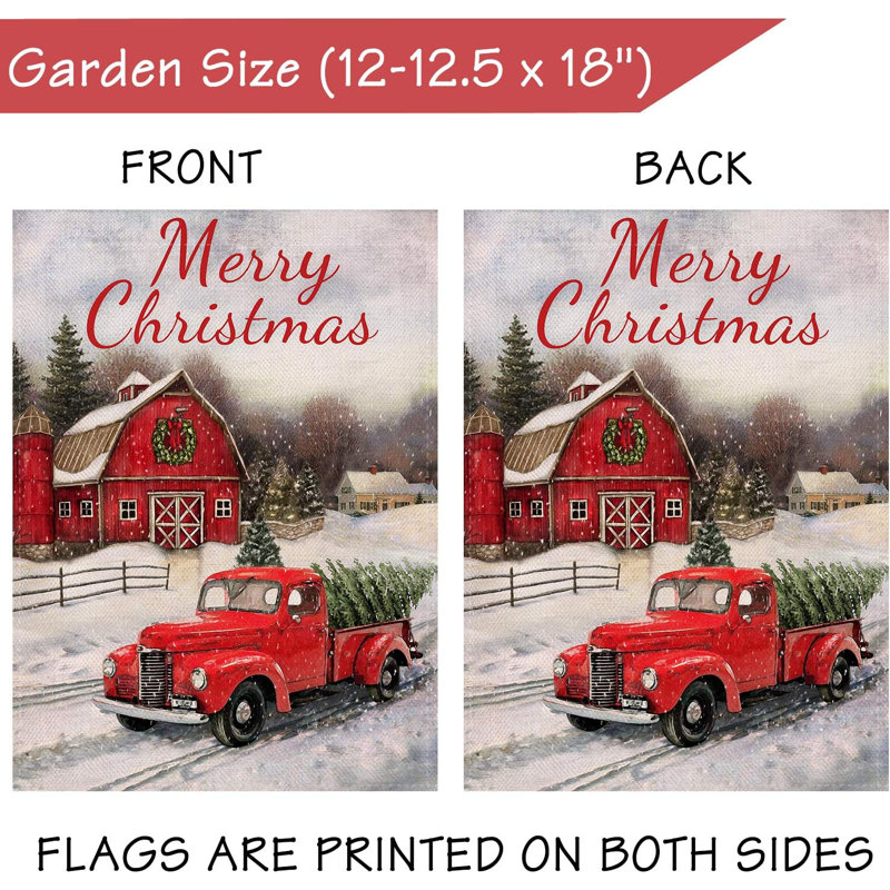 Maison décorative drapeau de jardin de joyeux Noël camion rouge double face, citation rustique d'hiver, H 0,74 po x l 12 po