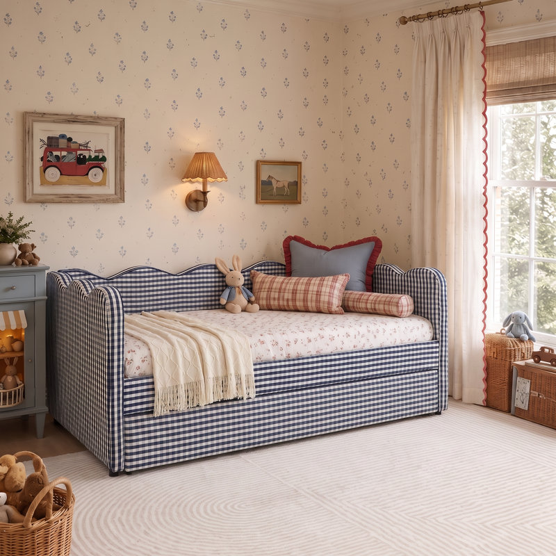 Helin Preppy Style Linen Upholstered Daybed with Trundle, USB Port & Wave-Shaped Back, Twin, Navy