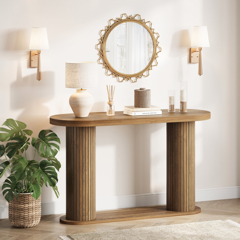 Fluted Console Table, 42.5 Inch Narrow Wood Entryway Table with Storage Shelf, Sofa Table Behind the Couch, for Hallway, Living Room, Foyer, Entrance, Brown