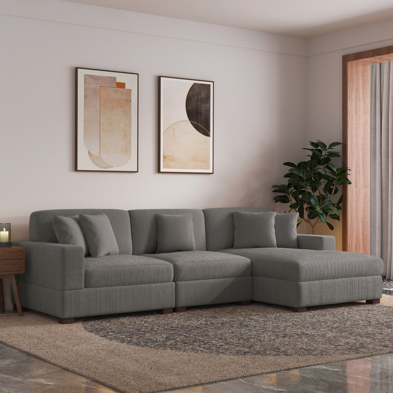 Canapé modulaire rembourré en velours côtelé gris clair 3 pièces Milbrey avec dossier coussiné et pieds en bois massif Milbrey