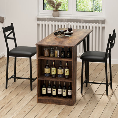 3-Piece Counter Height Bar Table Set for Kitchen Pub, 2 Upholstered Chairs & 3-Tier Shelves