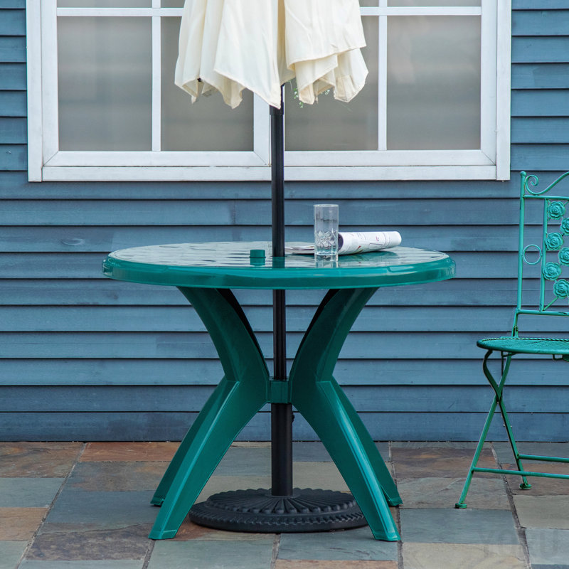 Table de patio ronde en plastique de 36,25 po de diamètre avec trou pour parasol, table de bistro d'extérieur, pour bar, jardin, cour, bord de piscine, cour, vert