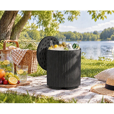 Table d'appoint isotherme et seau à glace intégré, bar à boissons 2 en 1 pour terrasse avec couvercle à clip intelligent, glacière extérieure résistante aux intempéries pour jardin, terrasse et piscine, noir