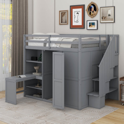 Full Size Loft Bed With Wardrobe,Desk And Shelves