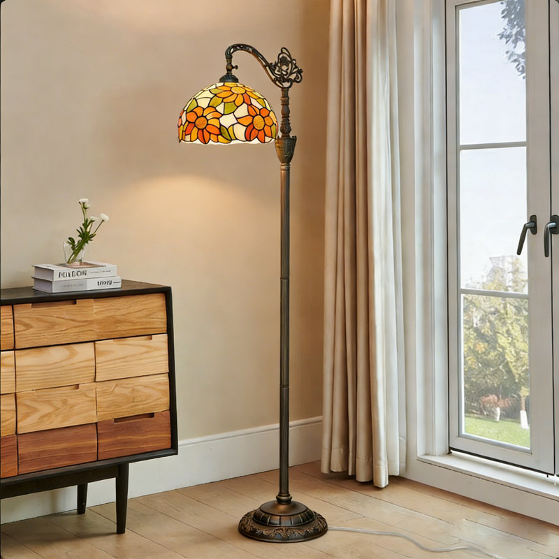63"H Tiffany Style Floor Lamp with Stained Glass Shade and Resin Base, Sunflower Pattern