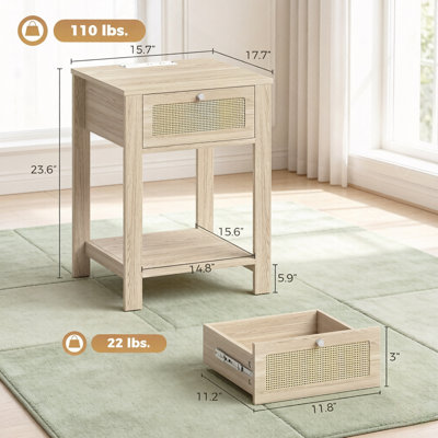 2 pièces, table de bout, table de chevet avec station de charge, tiroir et tablette ouverte