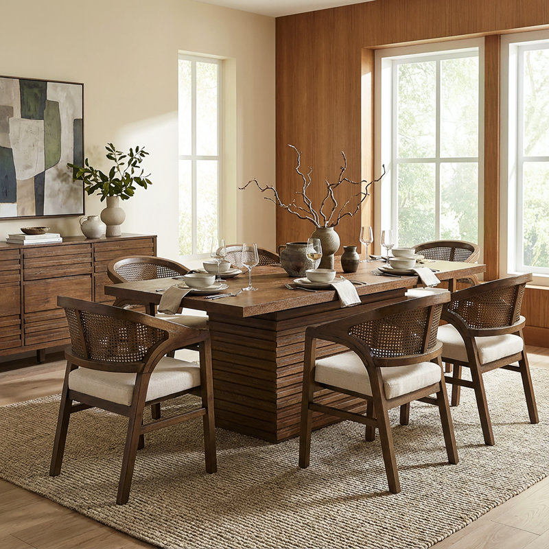 Avelin 7-Piece Modern Natural Rubberwood Dining Set With Rattan-Back Chairs, Beige/Walnut, Walnut