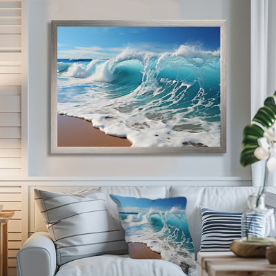Turquoise Power Of Ocean Wave I - Coastal Framed Canvas Print Wall Art