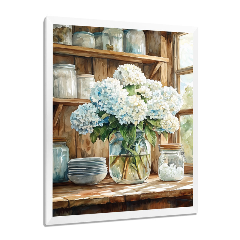 Hortensias dans la ferme III - Décoration murale florale, H 20 po x l 12 po, Reproduction encadrée sans passe-partout, Blanc