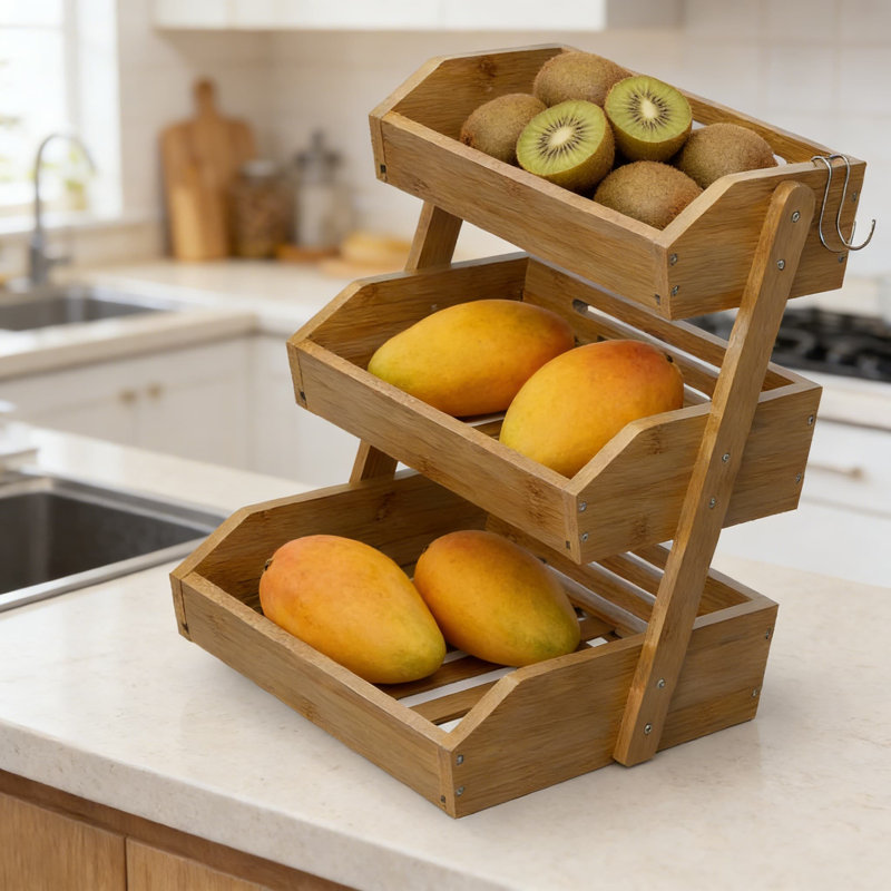 Panier de fruits en bambou à 3 niveaux pour le comptoir de la cuisine - Organisateur de rangement de grande capacité avec cintres à banane, tablette de rangement polyvalente pour fruits, légumes, pain et collations