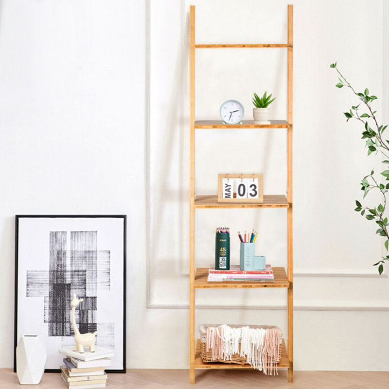 Kaysen 5-Tier Modern Bamboo Wall-Leaning Display Ladder, Bookcase