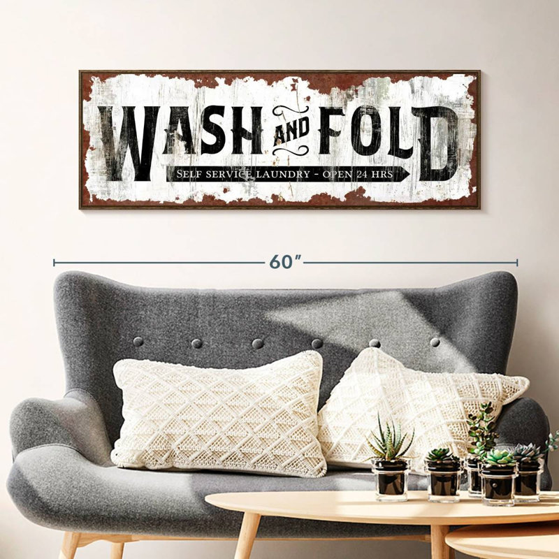 Ancienne affiche murale Wash and Fold, 46" X 16", Cadre flottant noyer