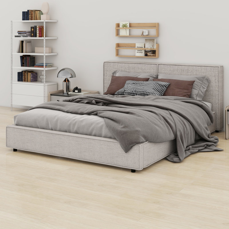 Cadre de lit plateforme avec tête de lit à coutures apparentes, idéal pour les intérieurs modernes et l'hôtellerie., Beige