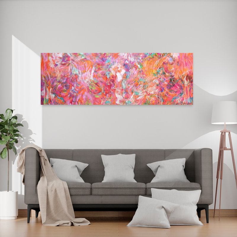 Parmi les roses, art mural abstrait coloré, printemps et été contemporain, H 60 po x l 20 po