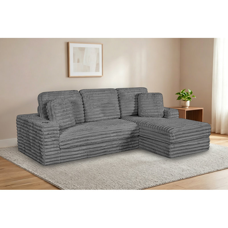 Canapé modulaire compressé 2 pièces avec méridienne, Polyester gris foncé, Orienté à droite