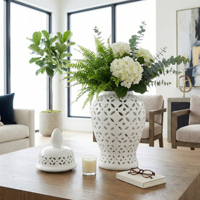 Decorative Chinoiserie Ceramic Tall Jar with Lid for Home Decor Accent - Contemporary Openword Table Jar Ideal for Living Room Styling - White