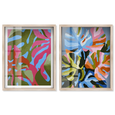 Ensemble de 2 boîtes murales sarcelle et corail Coastal Botanicals par Art Remedy, cadre blond, 17 x 21