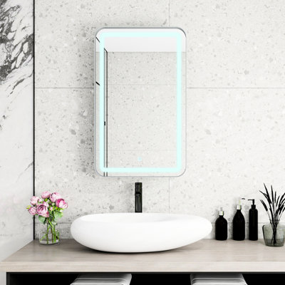 Armoire à pharmacie rectangulaire rectangulaire en argent, miroir de maquillage avec 3 lumières DEL de couleur, 2 tablettes amovibles en verre trempé pour le rangement des articles de toilette, miroir réglable, salle de bain