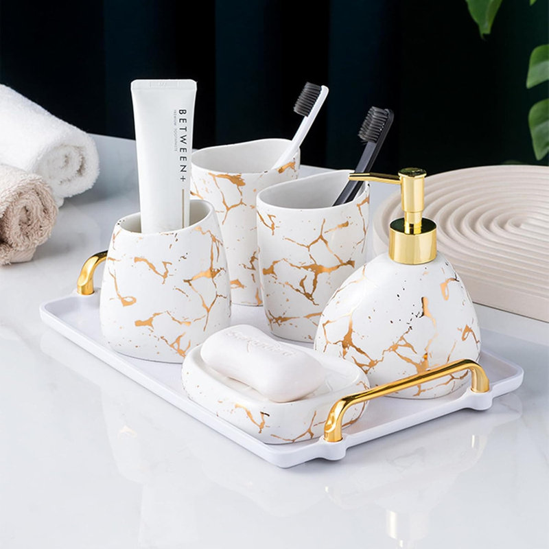 6-Piece Modern Ceramic Bathroom Set: Soap Dispenser, Toothbrush Holder, Tumbler, Tray, White