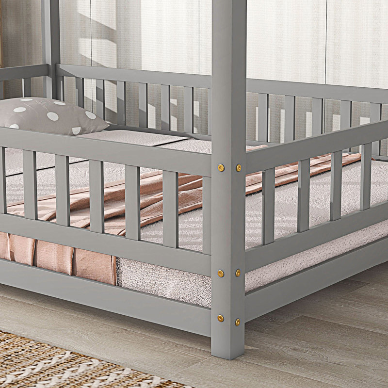 Lit de plancher avec cadre de toit de maison, gris