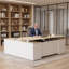 Bureau assis-debout de direction de luxe en forme de L avec caisson de rangement, réglable en hauteur électrique, avec prises électriques, ports USB, étagères de rangement et tiroir verrouillable, blanc.-1942729468-2085777903