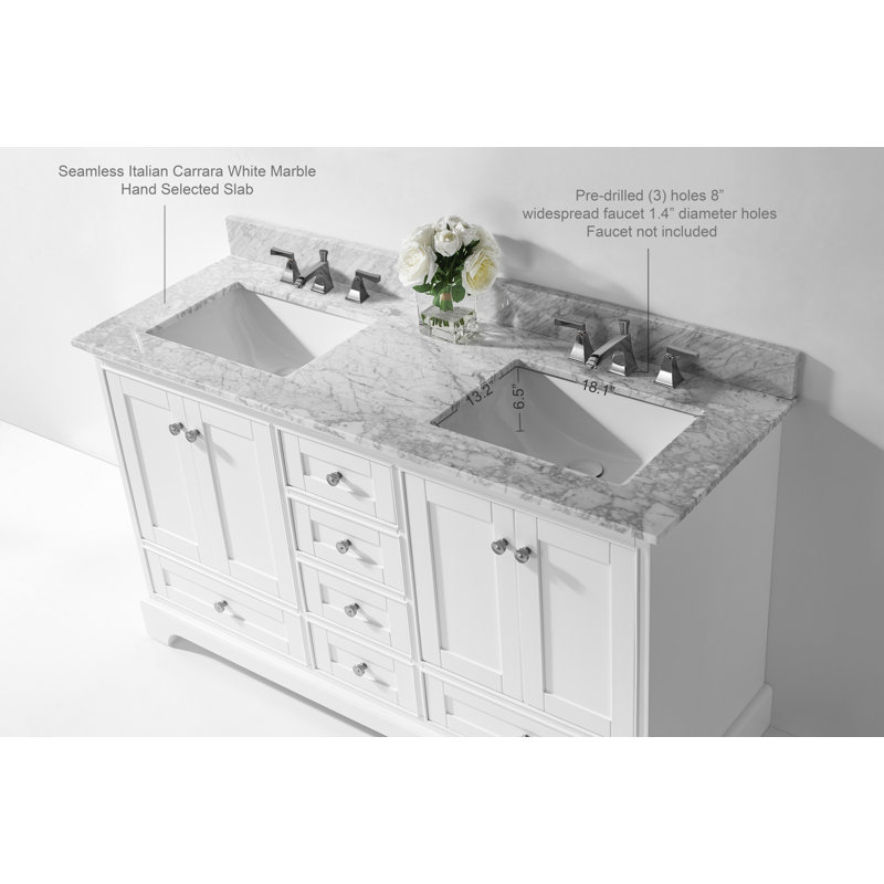 Audrey 60'' W Double Vanity, White, Carrara White, Brushed Nickel