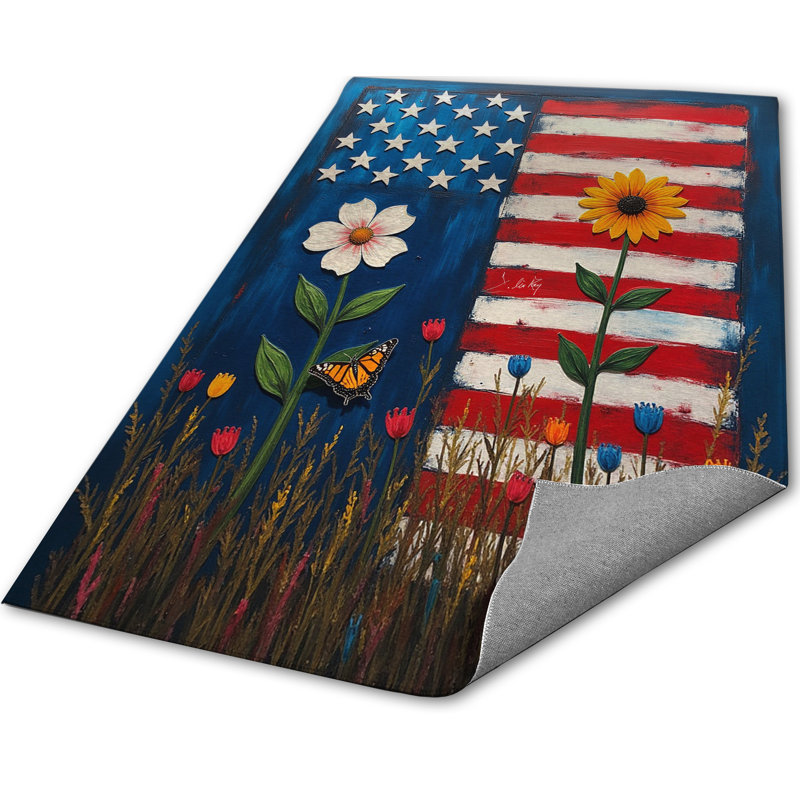 Tapis drapeau américain avec fleurs, Rectangulaire 3 pi x 5 pi