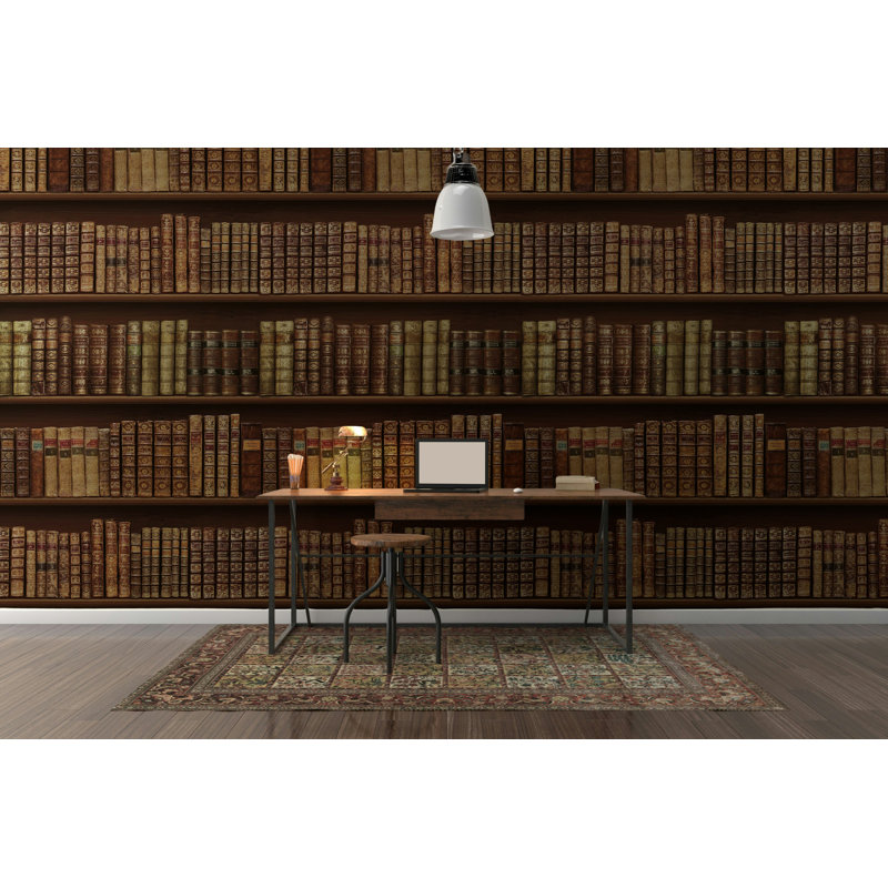 Papier peint bibliothèque vintage brun foncé, L 106 po x l 187 po